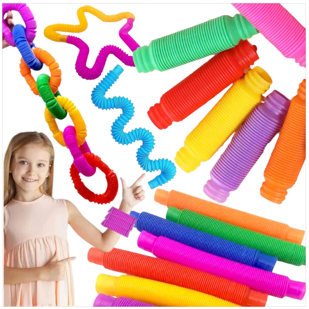 RURKA ANTYSTRESOWA SENSORYCZNA GNIOTEK RURA POP TUBE XXL MEGA ROZCIĄGLIWA - ZESTAW 4 SZTUKI