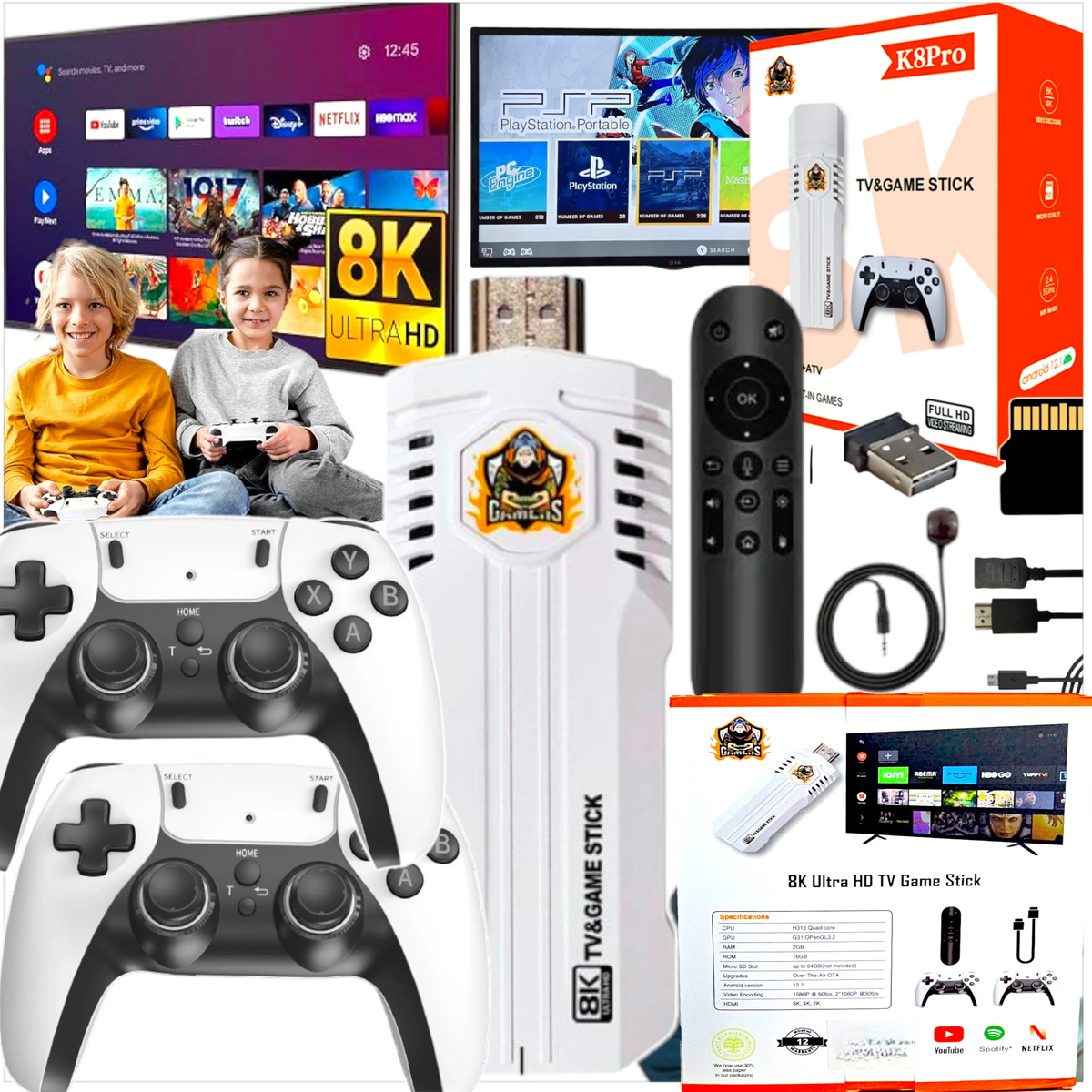 PRZENOŚNA KONSOLA RETRO HDMI 8K EMULATOR GRA 2 PADY 20000 GIER ANDROID TV