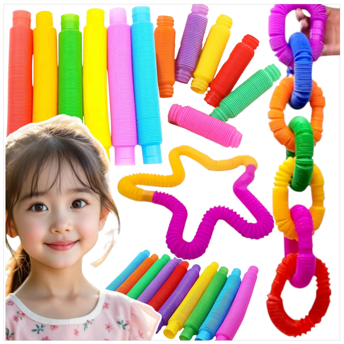 RURKA ANTYSTRESOWA SENSORYCZNA GNIOTEK RURA POP TUBE XXL MEGA ROZCIĄGLIWA - ZESTAW 4 SZTUKI