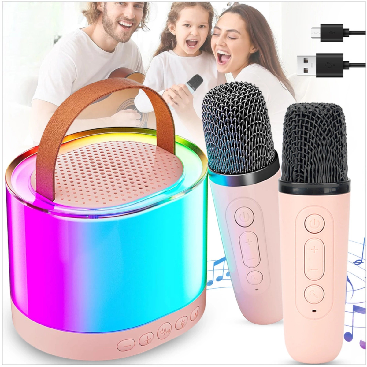 ZESTAW KARAOKE 2 MIKROFONY BEZPRZEWODOWY PRZENOŚNY GŁOŚNIK BLUETOOTH LED