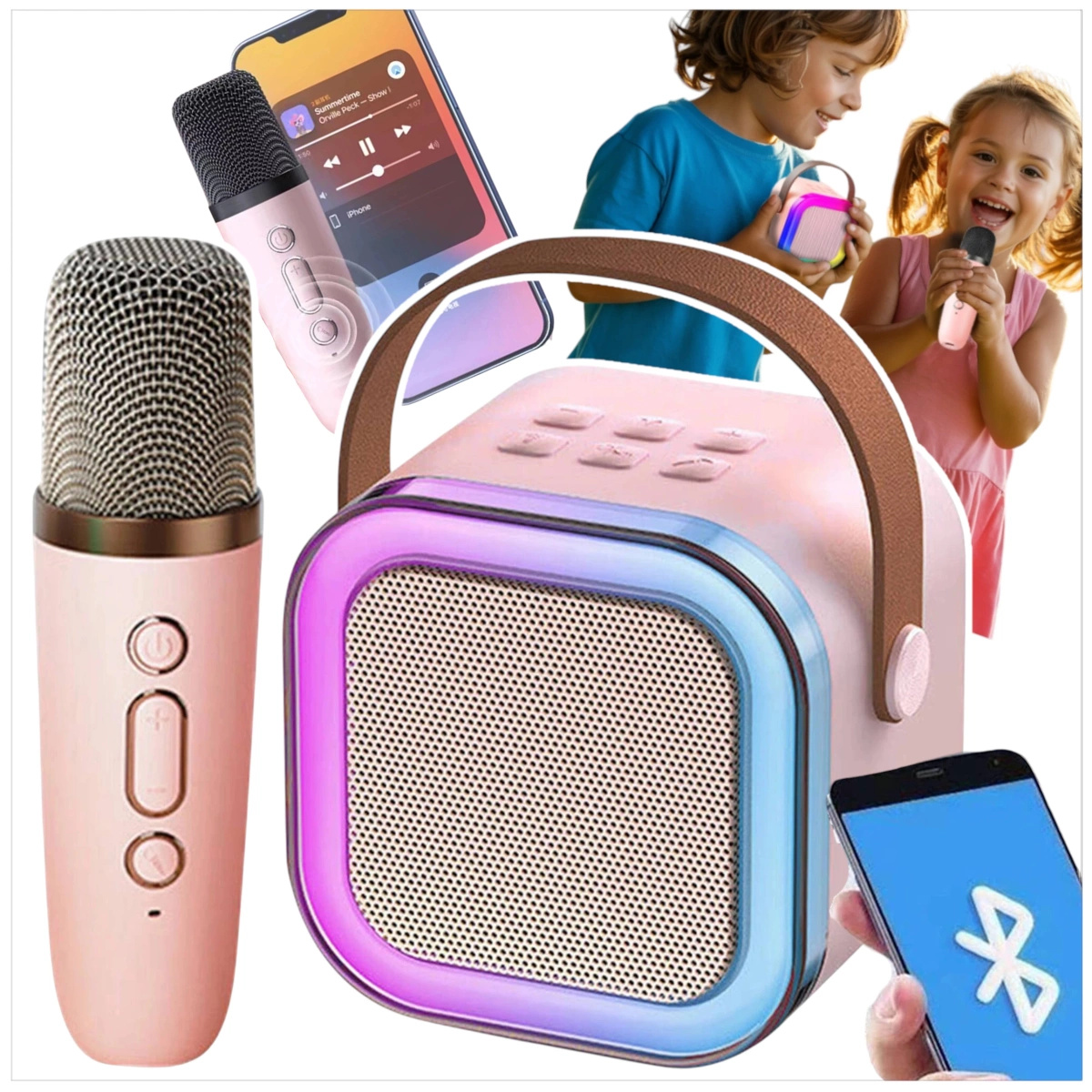 GŁOŚNIK BLUETOOTH PRZENOŚNE KARAOKE LAMPKA RGB MIKROFON USB SD MINI JACK