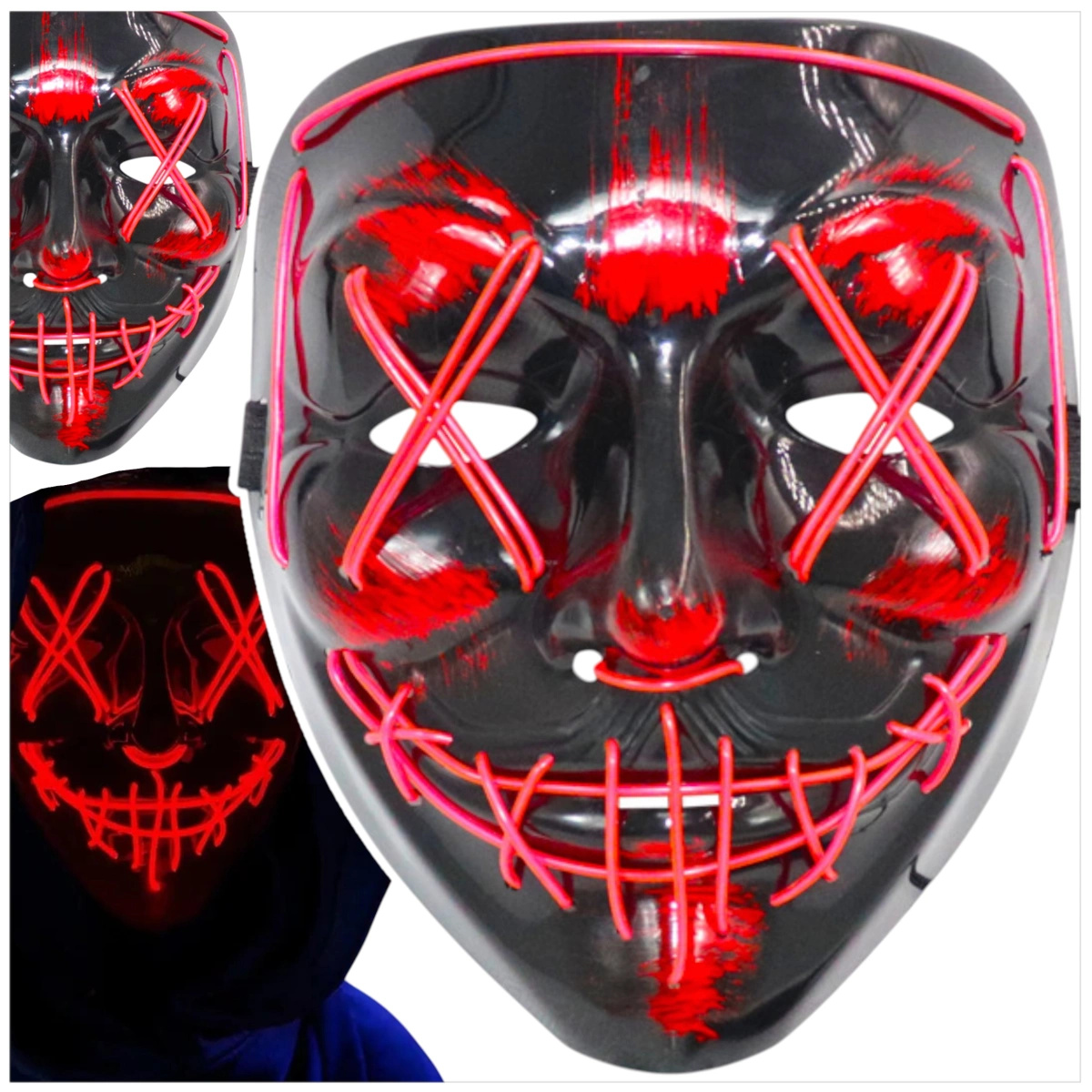 MASKA ŚWIECĄCA LED NA IMPREZĘ NA HALLOWEEN ŚWIECI W CIEMNOŚCI NA TWARZ