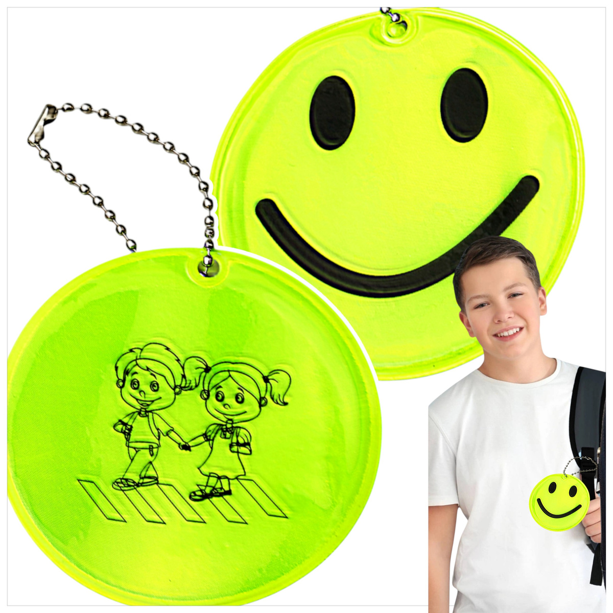 BRELOCZEK ODBLASKOWY ZAWIESZKA DO PLECAKA BUŹKA DO TORNISTRA BRELOK UŚMIECH