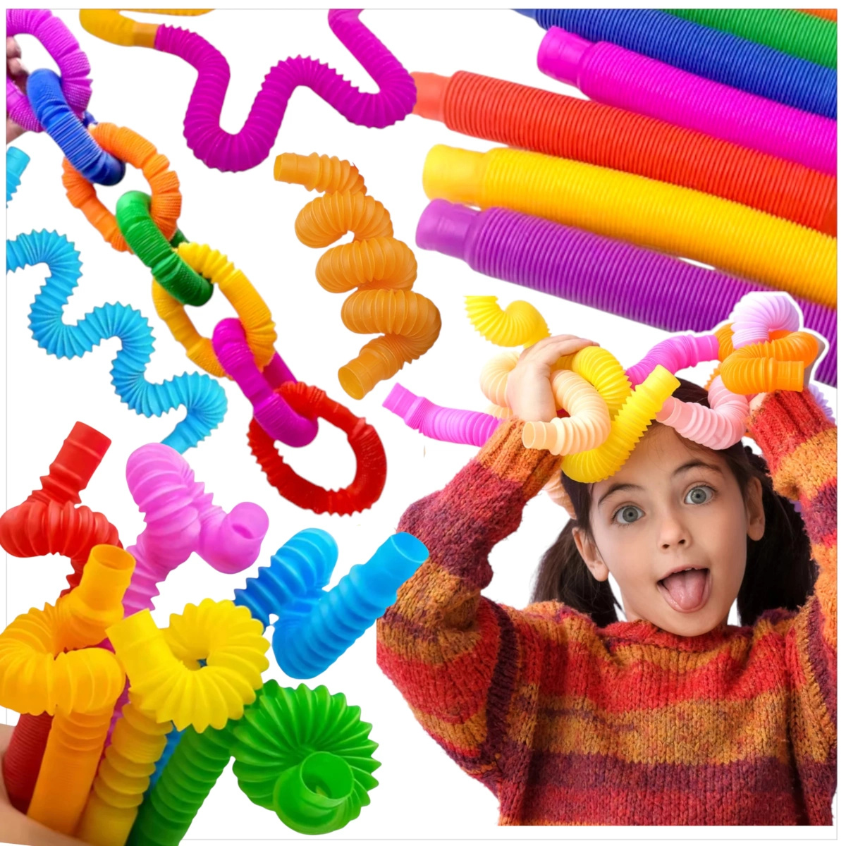 RURKA ANTYSTRESOWA SENSORYCZNA GNIOTEK RURA POP TUBE XXL MEGA ROZCIĄGLIWA - ZESTAW 16 SZTUK