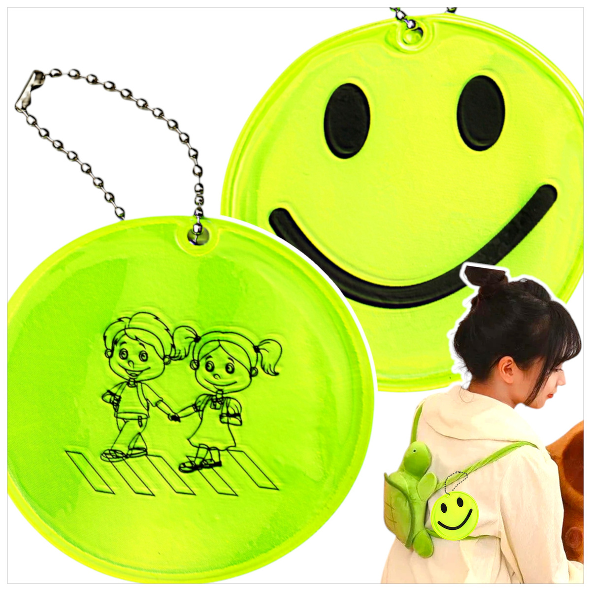 BRELOCZEK ODBLASKOWY ZAWIESZKA DO PLECAKA BUŹKA DO TORNISTRA BRELOK UŚMIECH