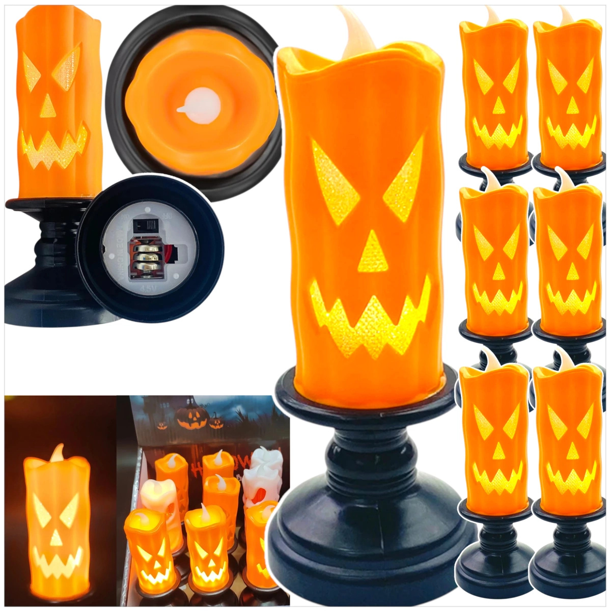 LAMPKA ELEKTRYCZNA NA HALLOWEEN OZDOBA ŚWIECZKA DYNIA LED 13CM Zestaw 6szt.