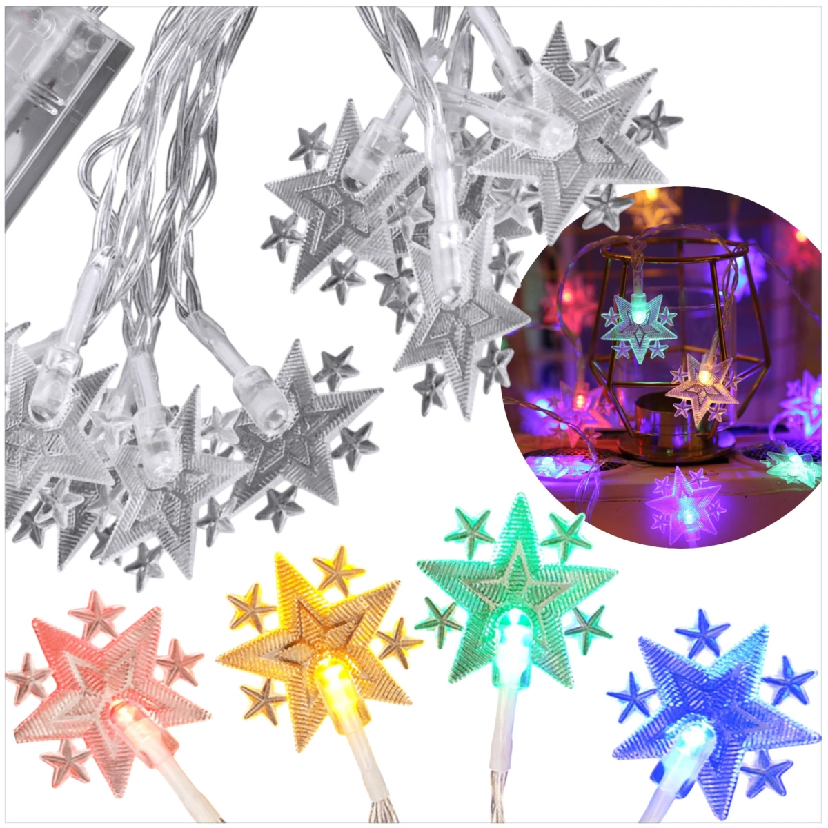 LAMPKI ŚWIĄTECZNE KSZTAŁT GWIAZD DEKORACJA ŁAŃCUCH LED KOLOROWE GWIAZDKI