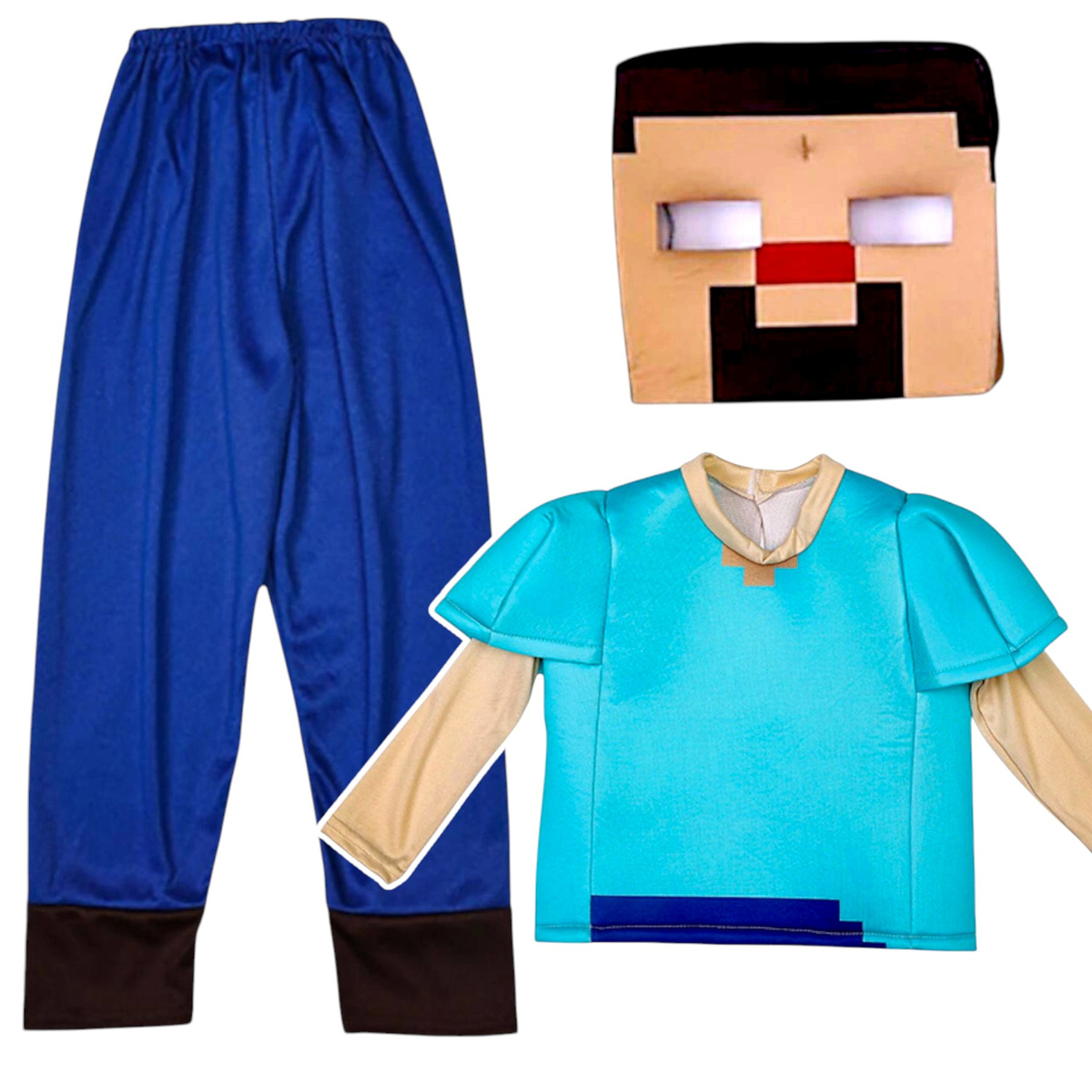 STRÓJ MINECRAFT PRZEBRANIE DLA CHŁOPCA STEVE KOMPLET MASKA KOSTIUM NA BAL