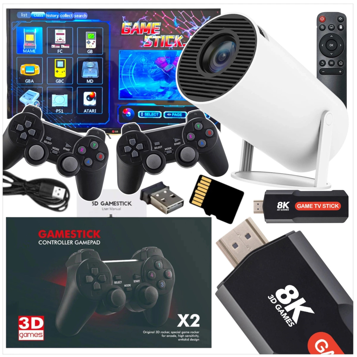 MEGA ZESTAW PROJEKTOR RZUTNIK ANDROID + KONSOLA RETRO 2x PAD