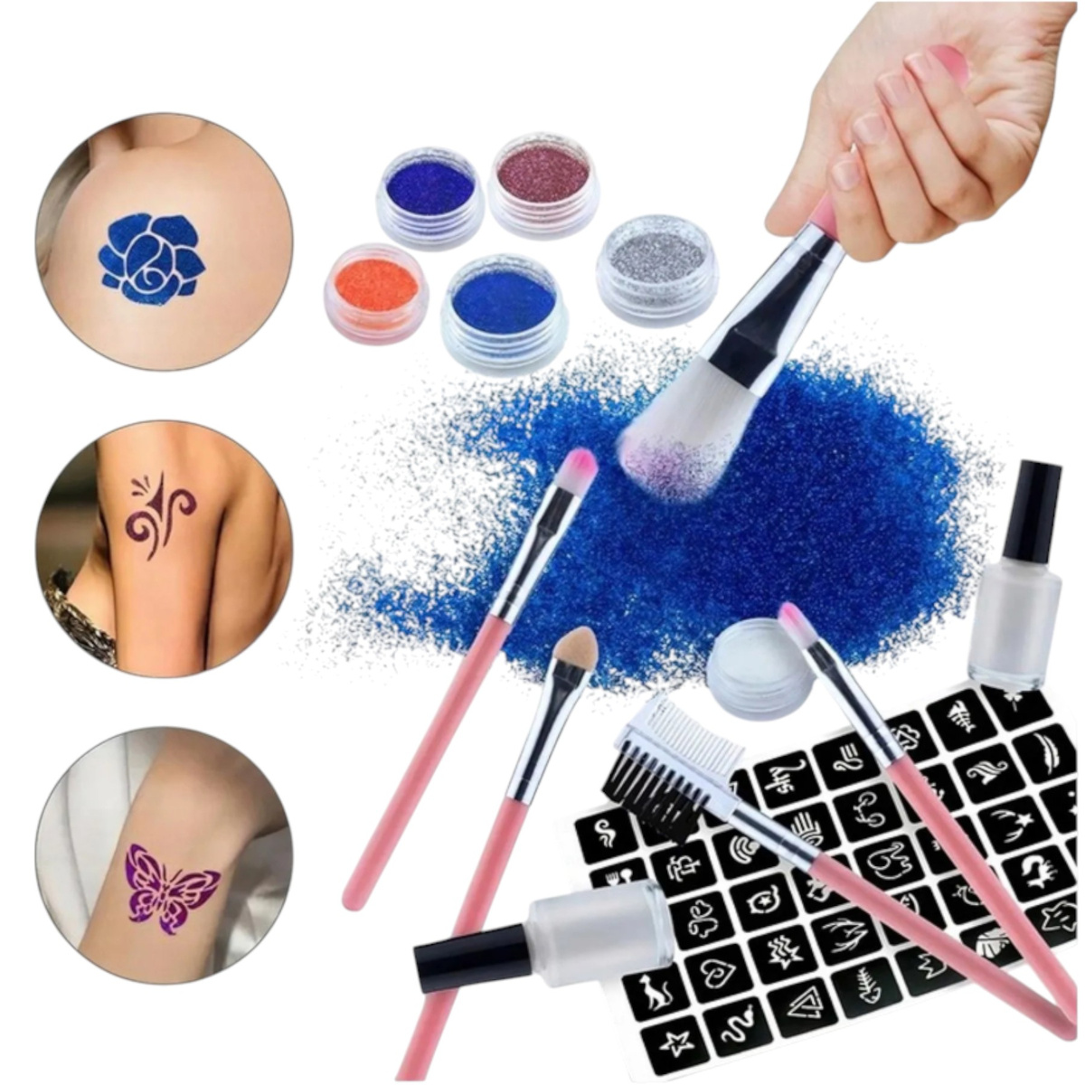 TATUAŻE DLA DZIEWCZYNKI BROKATOWE ZMYWALNE 151el ZESTAW DO TATUAŻY MAKIJAŻ