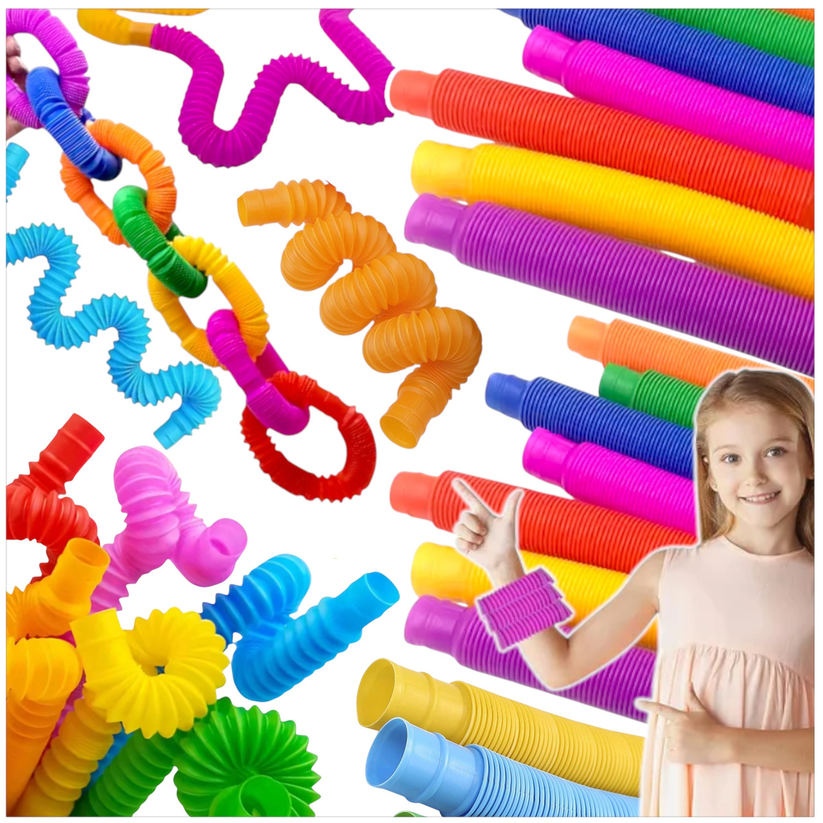 RURKA ANTYSTRESOWA SENSORYCZNA GNIOTEK RURA POP TUBE XXL MEGA ROZCIĄGLIWA - ZESTAW 24 SZTUKI