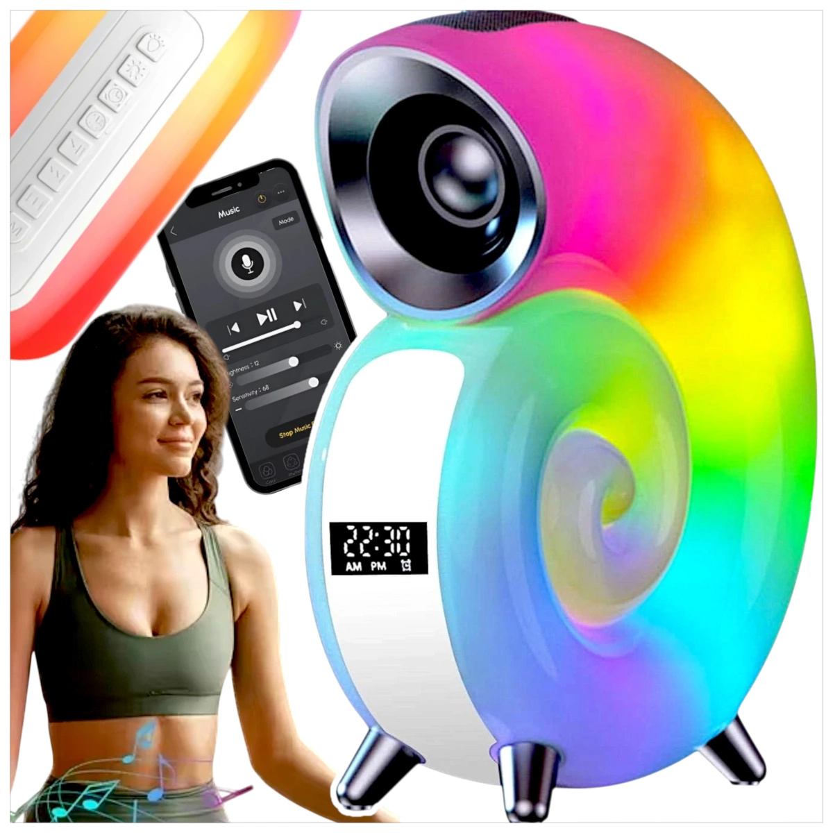 LAMPKA NOCNA LED ŚLIMAK RGB BLUETOOTH ZEGAR RADIO GŁOŚNIK APLIKACJA
